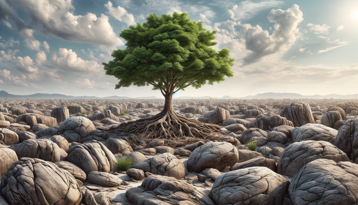 a lone tree growing out of rocky ground
