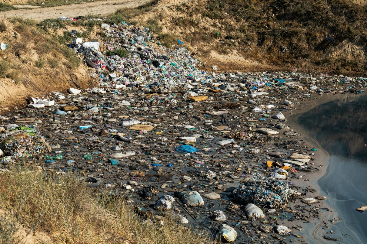 A pile of trash at the side of a lake